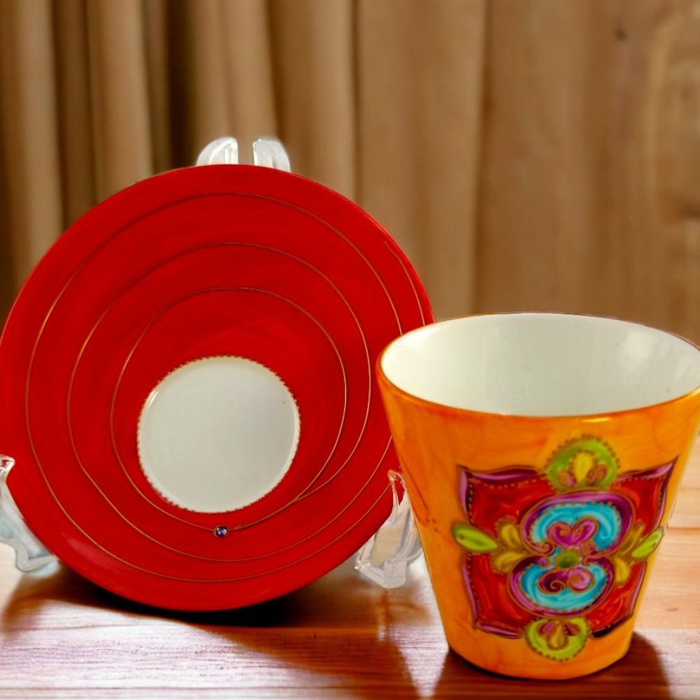 Artistic Porcelain Coffee Mug & Saucer Set, Whimsical Orange-Red Mug-Rhinestones